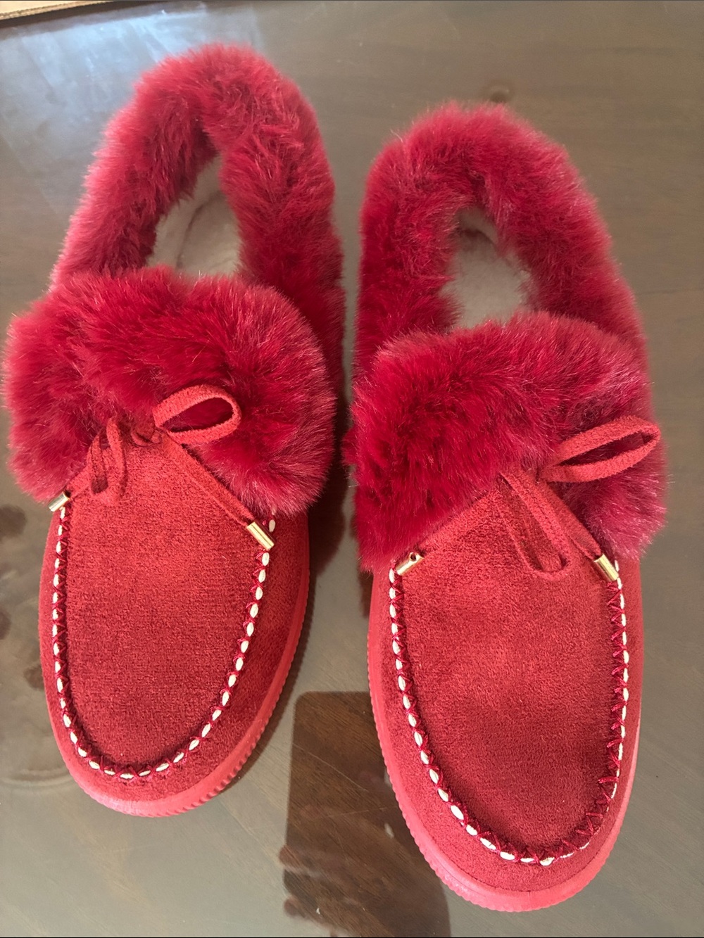 Women's Plush Red Suede Fur-Trim Slip-On Slippers